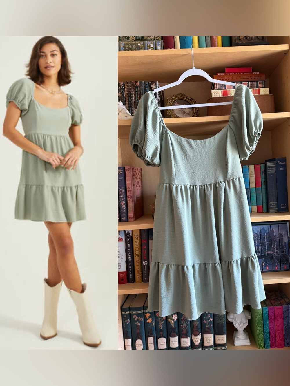 Altar’d State Sage Green Puff Sleeve Babydoll Mini Dress